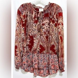 Knox Rose Sheer Tassell Tie Neck Pullover Ruffle Tunic/Blouse Boho Sz Small